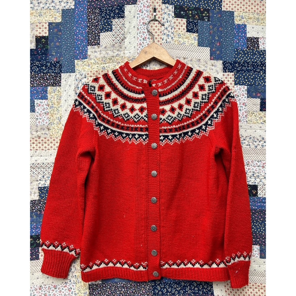 Vintage 1960's Husfliden Lillehammer Red Knit Wool‎ Sweater Made in Norway - Picture 7 of 11